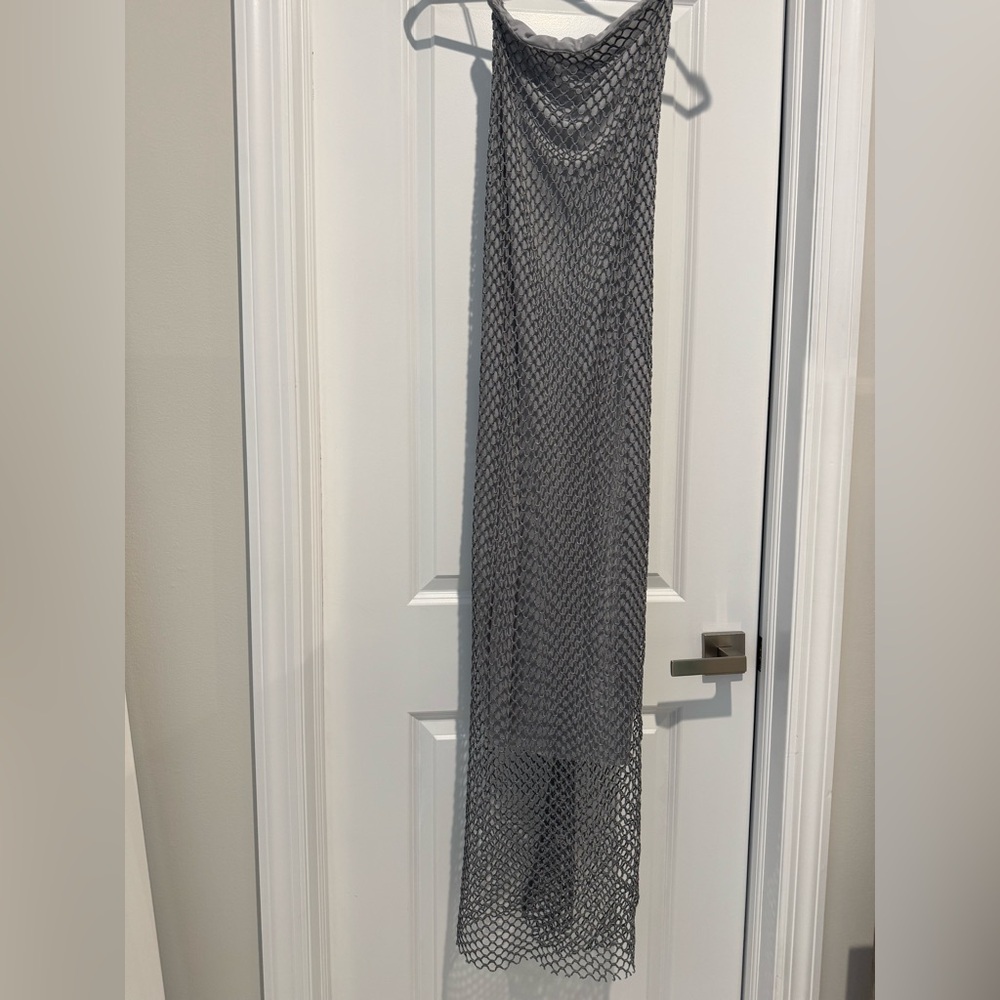 zara blue/gray net shimmer detail strapless maxi dress